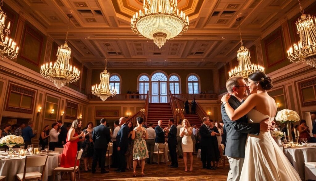 A grand ballroom, its ornate chandeliers casting a warm glow over the elegant reception. In the foreground, a graceful transition from the solemn ceremony, as the newlyweds share a tender embrace, their pristine attire a vibrant contrast against the muted tones of the room. The middle ground is alive with the joyful celebration, guests mingling and toasting the happy couple, their laughter and chatter filling the air. In the background, the grand staircase leads the way to the next stage of the festivities, hinting at the journey to come. The scene is captured with a cinematic, wide-angle lens, showcasing the grandeur and seamless flow of the occasion. My Wedding Journey - Wedding Day Timeline Tips - Managing transitions from ceremony, reception and travel time