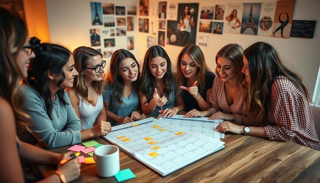 A group of young women gathered around a table, poring over a large calendar and planner, deep in discussion about an upcoming bachelorette party. The scene is bathed in warm, soft lighting, casting a cozy, intimate atmosphere. In the foreground, colorful post-it notes, highlighters, and a cup of coffee suggest the planning process is underway. The middle ground features the women, their expressions focused and engaged, gesturing as they coordinate schedules and activities. In the background, a wall displays inspirational photos and ideas, hinting at the exciting weekend getaway they're envisioning. The overall mood is one of collaboration, anticipation, and the thrill of planning a memorable celebration. My wedding journey - Bachelorette Party Planning - A group of young women gathered around a table, poring over a large calendar and planner, deep in discussion about an upcoming bachelorette party.