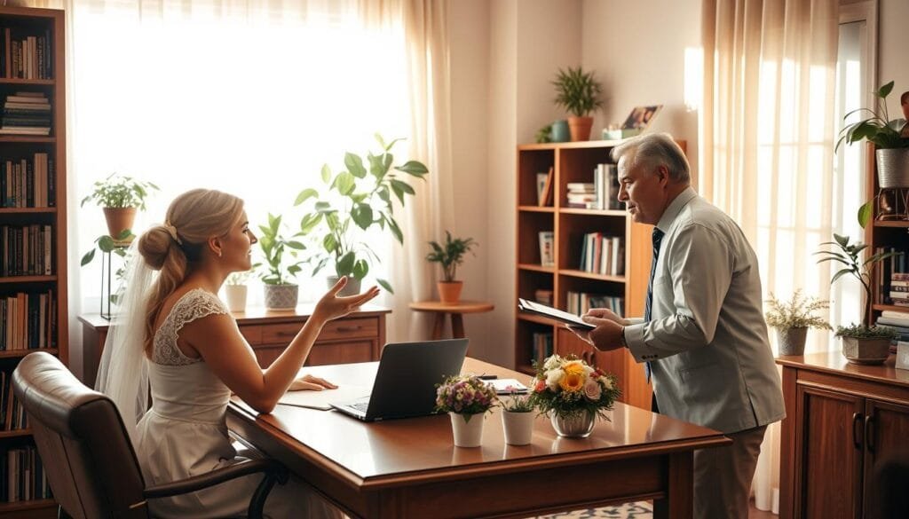 A lively negotiation session between a bride and wedding vendor, set in a cozy, sunlit home office. In the foreground, the bride sits across a wooden desk, gesturing animatedly as she discusses terms. The vendor, an attentive middle-aged man, leans in, notepad in hand, listening intently. Bookshelves and potted plants frame the scene, creating a professional yet inviting atmosphere. Warm, soft lighting filters through sheer curtains, casting a gentle glow on the participants. The mood is one of earnest discussion, as the two work together to find a mutually beneficial agreement that fits the bride's budget without compromising her dream vision. A lively negotiation session between a bride and wedding vendor, set in a cozy, sunlit home office. In the foreground, the bride sits across a wooden desk, gesturing animatedly as she discusses terms. The vendor, an attentive middle-aged man, leans in, notepad in hand, listening intently. Bookshelves and potted plants frame the scene, creating a professional yet inviting atmosphere. Warm, soft lighting filters through sheer curtains, casting a gentle glow on the participants. The mood is one of earnest discussion, as the two work together to find a mutually beneficial agreement that fits the bride's budget without compromising her dream vision.
