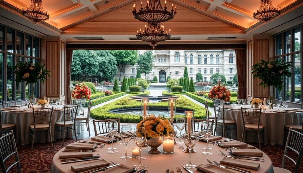 A sophisticated, elegantly designed wedding venue with a spacious ballroom, high ceilings, and large windows that let in natural light. In the foreground, an exquisitely set table with fine china, crystal glassware, and flickering candles, showcasing the catering's attention to detail. The middle ground features a beautifully landscaped garden with lush greenery and a water feature, creating a serene and romantic atmosphere. The background is a panoramic view of the venue's exterior, a stately historic building with architectural grandeur. The lighting is soft and warm, evoking a sense of timeless elegance and refinement. The overall scene conveys the high-end, luxurious experience of a dream wedding celebration within a carefully curated budget. A sophisticated, elegantly designed wedding venue with a spacious ballroom, high ceilings, and large windows that let in natural light. In the foreground, an exquisitely set table with fine china, crystal glassware, and flickering candles, showcasing the catering's attention to detail. The middle ground features a beautifully landscaped garden with lush greenery and a water feature, creating a serene and romantic atmosphere. The background is a panoramic view of the venue's exterior, a stately historic building with architectural grandeur. The lighting is soft and warm, evoking a sense of timeless elegance and refinement. The overall scene conveys the high-end, luxurious experience of a dream wedding celebration within a carefully curated budget.