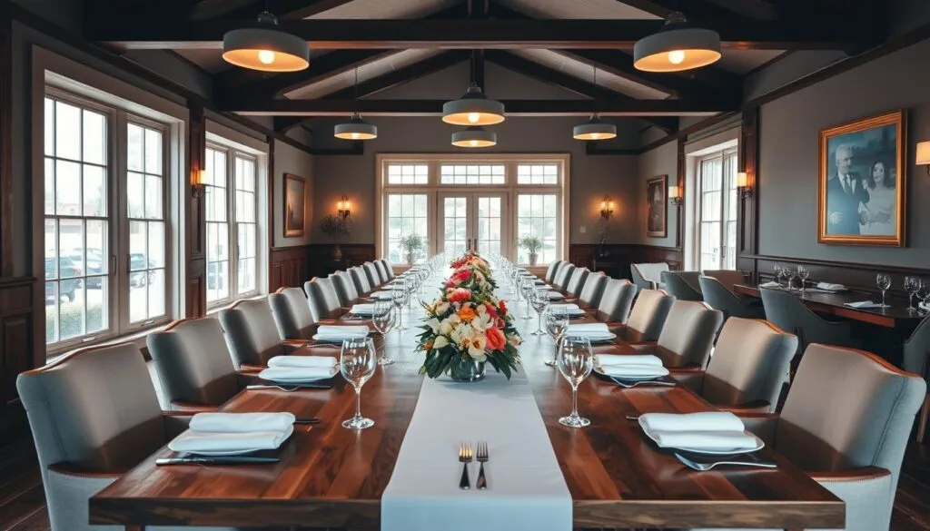 A spacious, well-lit dining area with a long wooden table set for a group gathering. The table is adorned with elegant place settings, including delicate stemware, crisp white linens, and a centerpiece of fresh seasonal flowers. Large windows allow natural light to flood the space, creating a warm and inviting ambiance. The walls are decorated with tasteful artwork, and soft pendant lighting casts a gentle glow over the scene. Comfortable upholstered chairs invite guests to settle in and enjoy a leisurely meal together. The overall atmosphere exudes a sense of sophistication and conviviality, perfect for a memorable bachelorette party celebration. A spacious, well-lit dining area with a long wooden table set for a group gathering. The table is adorned with elegant place settings, including delicate stemware, crisp white linens, and a centerpiece of fresh seasonal flowers. Large windows allow natural light to flood the space, creating a warm and inviting ambiance. The walls are decorated with tasteful artwork, and soft pendant lighting casts a gentle glow over the scene. Comfortable upholstered chairs invite guests to settle in and enjoy a leisurely meal together. The overall atmosphere exudes a sense of sophistication and conviviality, perfect for a memorable bachelorette party celebration.