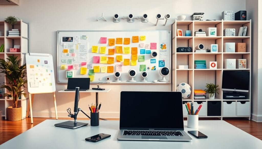 A vibrant, well-organized workspace showcasing an array of digital collaboration tools. In the foreground, a sleek, minimalist desk with a laptop, smartphone, and stylish stationery. In the middle ground, a large whiteboard with colorful sticky notes and a cluster of video conferencing cameras. The background features a modular shelving unit displaying an assortment of digital project management applications, file-sharing platforms, and team messaging apps. The overall scene is bathed in warm, natural lighting, creating a productive and innovative atmosphere. My wedding journey - Bachelorette Party Planning - A vibrant, well-organized workspace showcasing an array of digital collaboration tools.