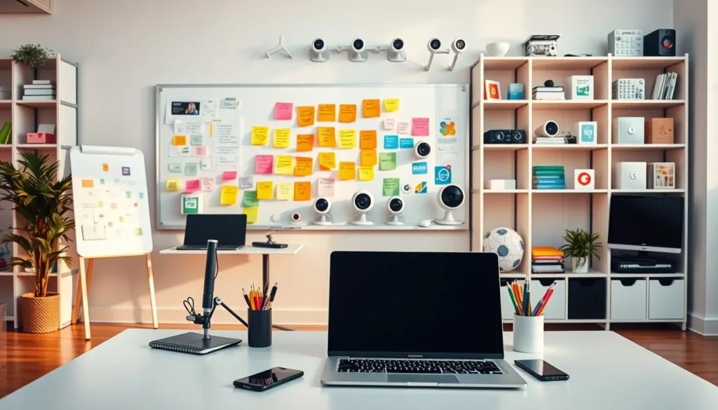 A vibrant, well-organized workspace showcasing an array of digital collaboration tools. In the foreground, a sleek, minimalist desk with a laptop, smartphone, and stylish stationery. In the middle ground, a large whiteboard with colorful sticky notes and a cluster of video conferencing cameras. The background features a modular shelving unit displaying an assortment of digital project management applications, file-sharing platforms, and team messaging apps. The overall scene is bathed in warm, natural lighting, creating a productive and innovative atmosphere. My wedding journey - Bachelorette Party Planning - A vibrant, well-organized workspace showcasing an array of digital collaboration tools.