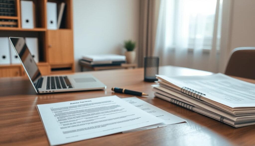 A well-organized office interior with a wooden desk, an open laptop, a pen holder, and a stack of documents. Soft, diffused lighting from a window creates a warm, professional atmosphere. The documents on the desk appear to be legal or contractual agreements, with annotations and signatures visible. The overall scene conveys a sense of careful tracking and management of important documents. My wedding journey - vendor contract tips - A well-organized office interior with a wooden desk, an open laptop, a pen holder, and a stack of documents. Soft, diffused lighting from a window creates a warm, professional atmosphere. The documents on the desk appear to be legal or contractual agreements, with annotations and signatures visible. The overall scene conveys a sense of careful tracking and management of important documents.