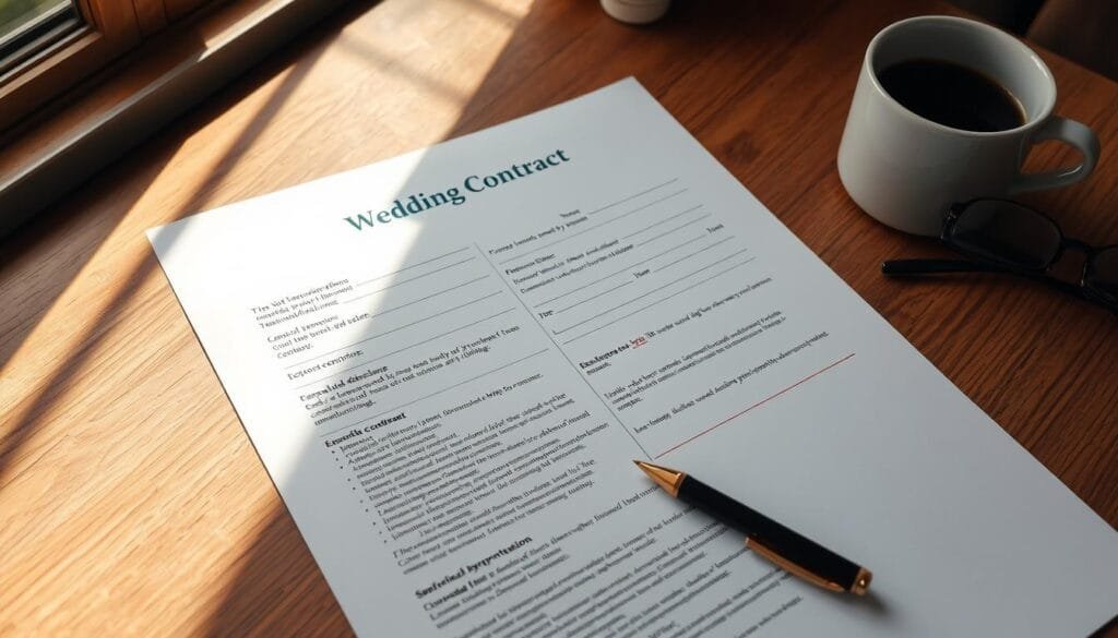 A well-organized wedding contract document, its pages spread out on a wooden table, with a pen, reading glasses, and a cup of coffee nearby. The contract's details are clearly visible, including vendor names, service descriptions, payment terms, and other key legal provisions. Soft, natural lighting from a nearby window illuminates the scene, casting a warm glow on the documents. The overall atmosphere conveys a sense of careful consideration and attention to detail, reflecting the importance of this legal agreement. my wedding journey - vendor contract tips - A well-organized wedding contract document