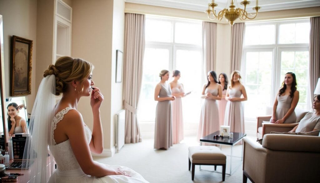 A well-organized wedding day timeline, featuring a serene bridal suite with soft natural lighting streaming through large windows. In the foreground, a bride sits at a vanity, focused on her makeup application, surrounded by neatly arranged beauty products. In the middle ground, bridesmaids gather, coordinating their hair and outfits, their expressions calm and content. The background showcases a spacious, airy room with elegant furnishings, creating a relaxed, luxurious atmosphere for the bride and her party to prepare for the celebration ahead. My Wedding Journey - Wedding Day Timeline Tips - A well-organized wedding day timeline.