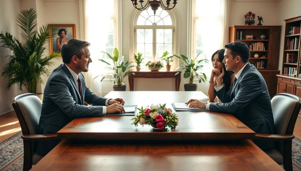 An elegant negotiation scene set in a sunlit, airy room. In the foreground, two smartly dressed couples sit across a wooden table, engaged in an earnest discussion, their expressions thoughtful yet resolute. The middle ground features lush indoor plants and a grand window, casting a warm, natural light that illuminates the negotiations. In the background, tasteful artwork and bookshelves suggest an atmosphere of professionalism and trust. The overall mood is one of diplomatic collaboration, as the parties work towards a mutually beneficial wedding contract. My wedding journey - vendor contract tips - An elegant negotiation scene set in a sunlit, airy room.