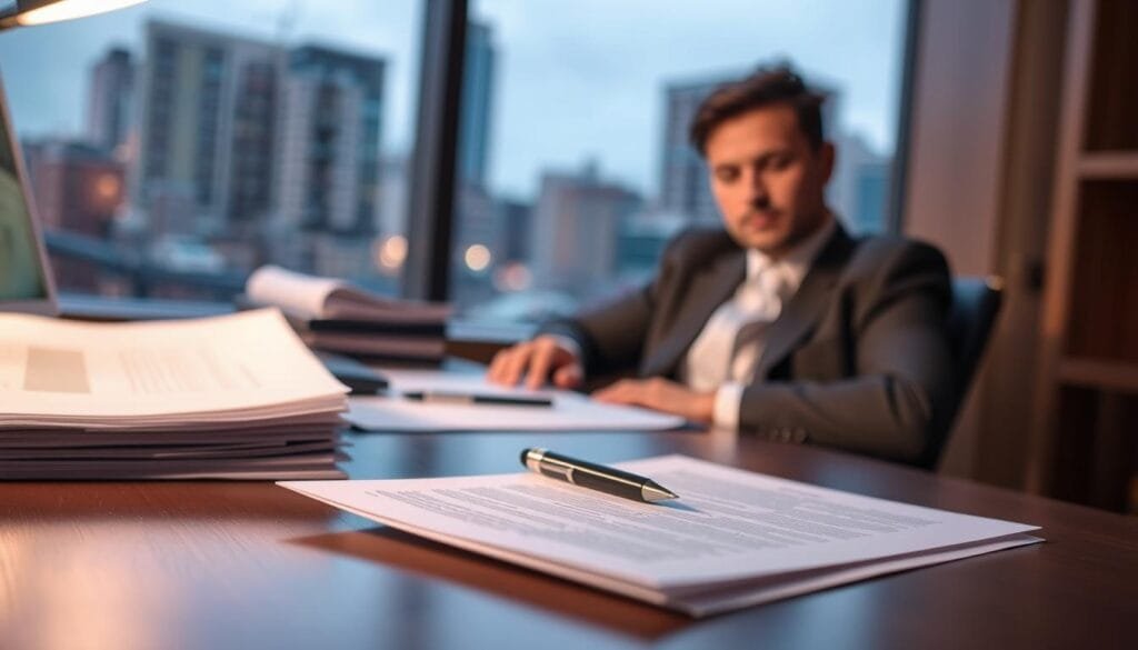 An office desk with a stack of legal documents, a pen, and a focused expression on a person's face. The desk is illuminated by a warm, soft light, casting shadows that add depth and dimension. In the background, a blurred view of a cityscape through a window, conveying a sense of professionalism and seriousness. The overall atmosphere is one of careful consideration and diligence, reflecting the challenges of navigating a wedding contract. My wedding journey - vendor contract tips - An office desk with a stack of legal documents, a pen, and a focused expression on a person's face. The desk is illuminated by a warm, soft light, casting shadows that add depth and dimension. In the background, a blurred view of a cityscape through a window, conveying a sense of professionalism and seriousness. The overall atmosphere is one of careful consideration and diligence, reflecting the challenges of navigating a wedding contract.