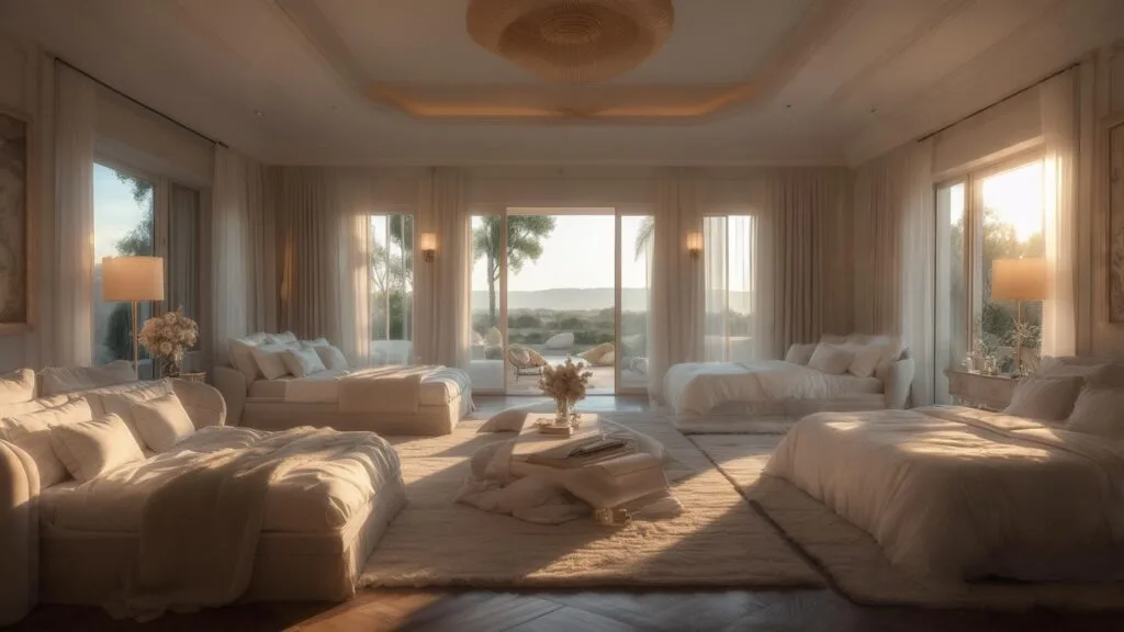 A cozy, well-lit bedroom with plush bedding and soft lighting, showcasing various group accommodation options such as a king-size bed, bunk beds, and a sofa bed. The room has tasteful decor, with large windows overlooking a picturesque outdoor scene. The atmosphere is warm and inviting, creating the perfect setting for a memorable bachelorette party getaway. The camera angle captures the room's layout and furnishings, highlighting the versatility and comfort of the group accommodation choices. My wedding journey - Bachelorette Party Planning - well lit room for bachelorette party