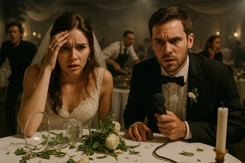 A chaotic scene of a wedding venue overwhelmed by stress factors. In the foreground, a bride and groom are visibly anxious, faces strained, as they navigate a maze of last-minute issues - a broken centerpiece, a catering mishap, a microphone malfunction. In the middle ground, harried staff rush about, trying to problem-solve amidst the growing pandemonium. The background is hazy, with blurred guests and half-finished decorations, conveying the sense of a celebration spiraling out of control. The lighting is harsh, casting dramatic shadows and highlighting the strain on everyone's faces. The overall mood is one of mounting tension and pressure, a stark contrast to the joyous occasion. My Wedding Journey - How to spot wedding venue red flags - The impact of venue issues on your big day