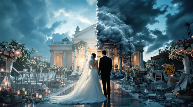 How to spot wedding venue red flags - A bride and groom standing in front of a beautiful wedding venue that looks perfect from one side, but reveals hidden chaos on the other — broken chairs, construction equipment, or a flooded floor. The couple looks uncertain or skeptical