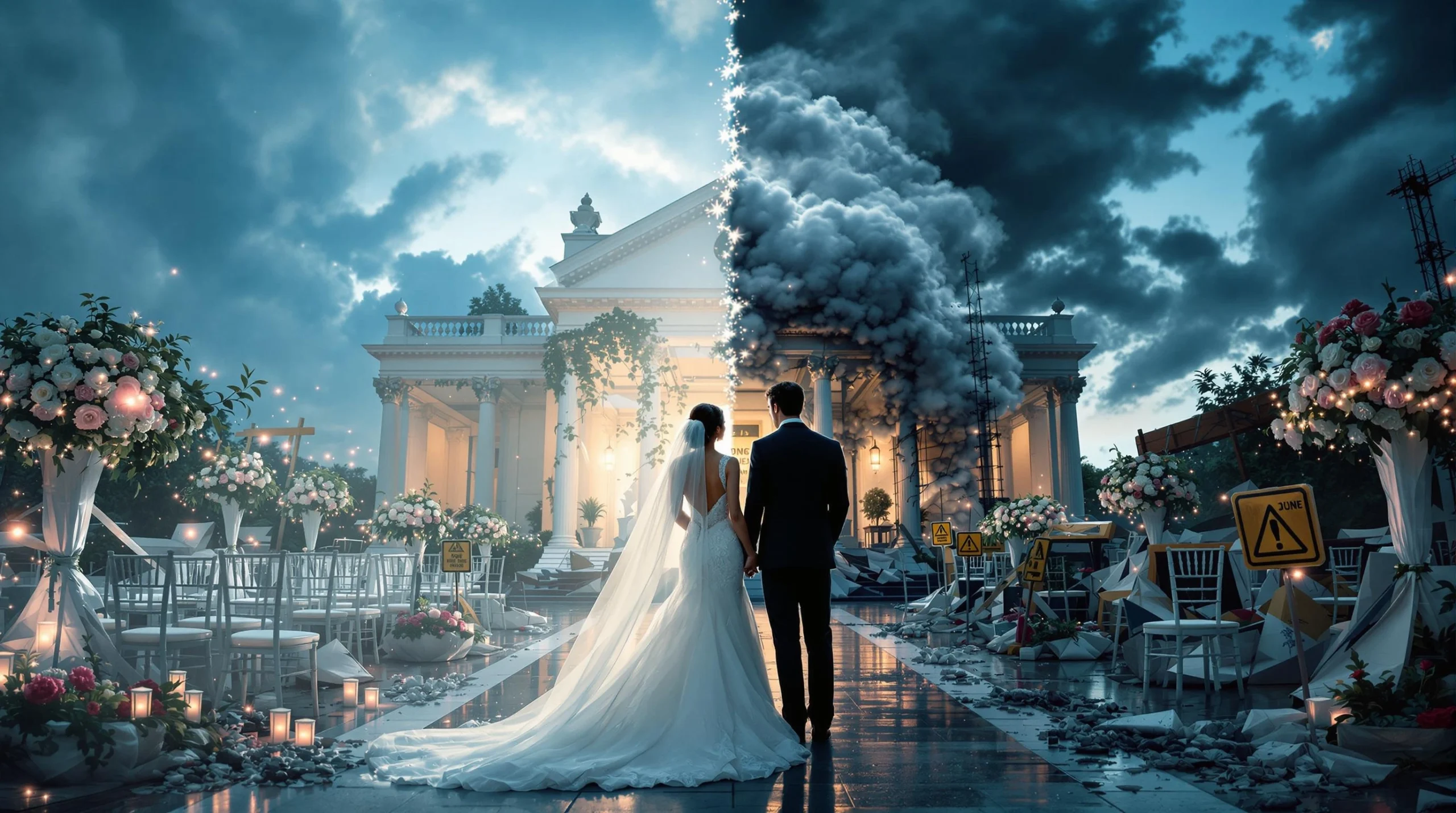 How to spot wedding venue red flags - A bride and groom standing in front of a beautiful wedding venue that looks perfect from one side, but reveals hidden chaos on the other — broken chairs, construction equipment, or a flooded floor. The couple looks uncertain or skeptical