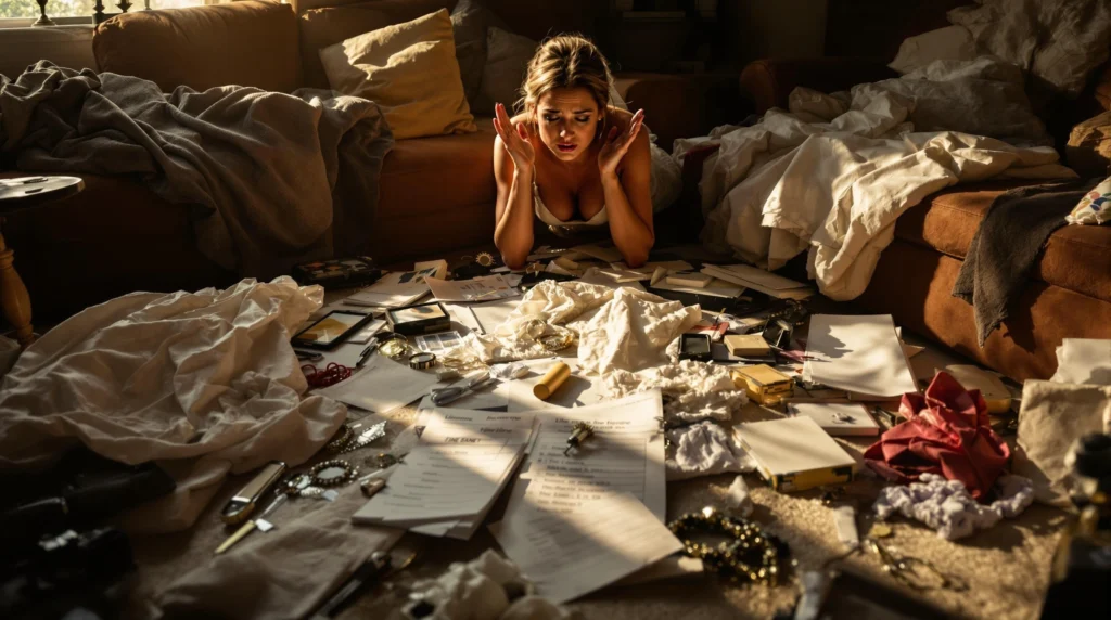 A cluttered living room with discarded wedding attire, a crumpled timeline, and a stressed bride surrounded by a disorganized array of accessories and decor. The scene is bathed in a warm, golden light, creating a sense of urgency and tension. Shadows cast by the haphazardly placed items suggest a rushed, chaotic atmosphere. The bride's expression conveys a mix of frustration and panic, underscoring the importance of proper wedding day timeline management. The overall composition emphasizes the need for organization and preparation to avoid common pitfalls and ensure a stress-free celebration. My Wedding Journey - Wedding Day Timeline Tips - A stressed bride in the living room, stressed over a wedding timeline